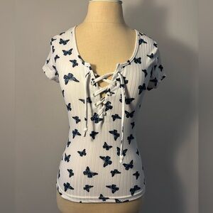 White Ribbed Tee with Blue Butterflies and Lace-Up Scoop Neck